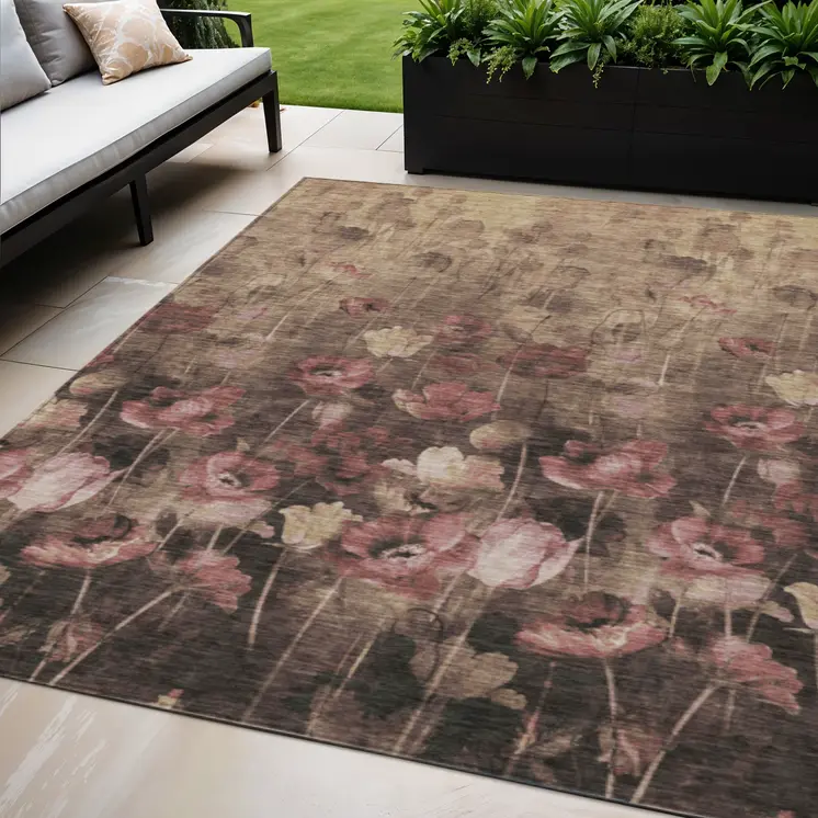 5' X 8' Taupe Brown And Pink Floral Washable Indoor Outdoor Area Rug
