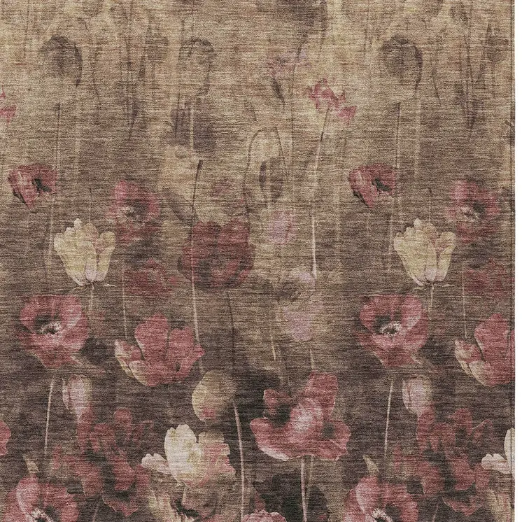 5' X 8' Taupe Brown And Pink Floral Washable Indoor Outdoor Area Rug