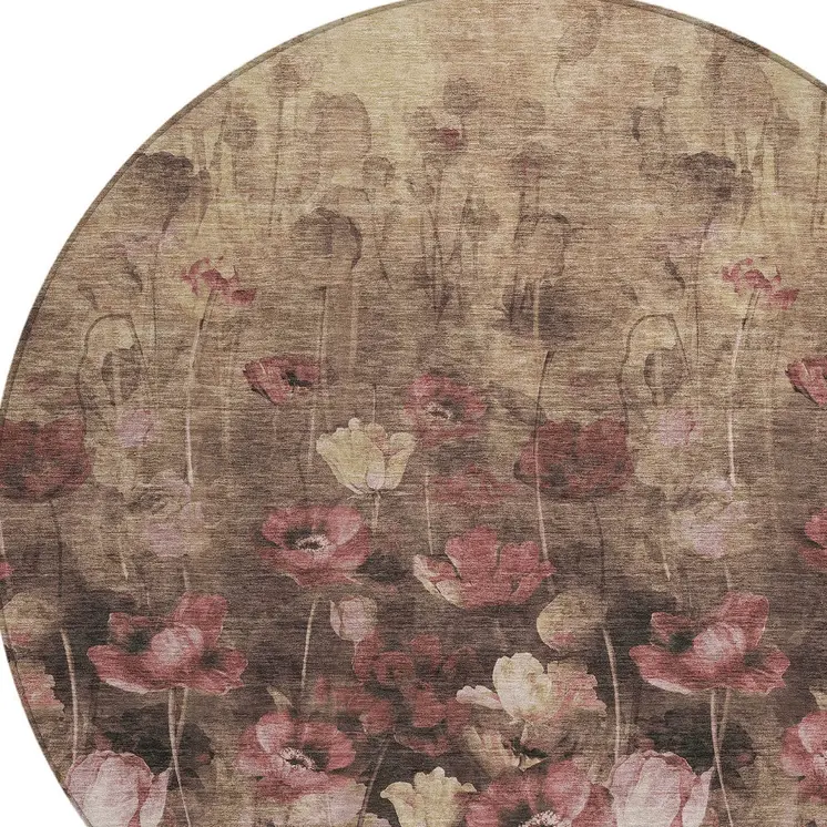 8' Taupe Brown And Pink Round Floral Washable Indoor Outdoor Area Rug