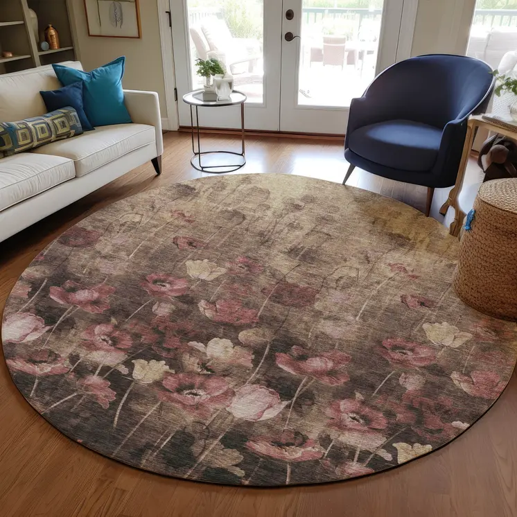 8' Taupe Brown And Pink Round Floral Washable Indoor Outdoor Area Rug