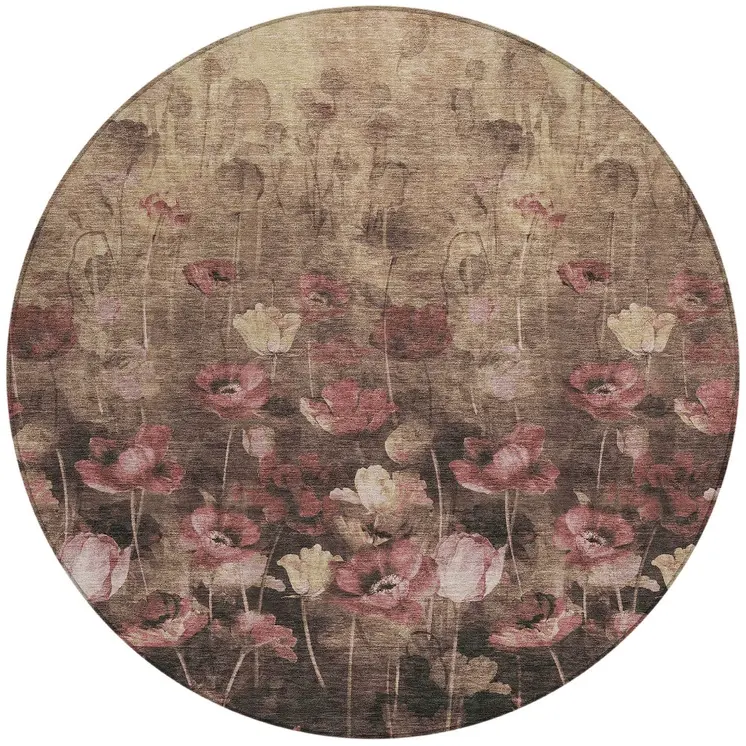 8' Taupe Brown And Pink Round Floral Washable Indoor Outdoor Area Rug