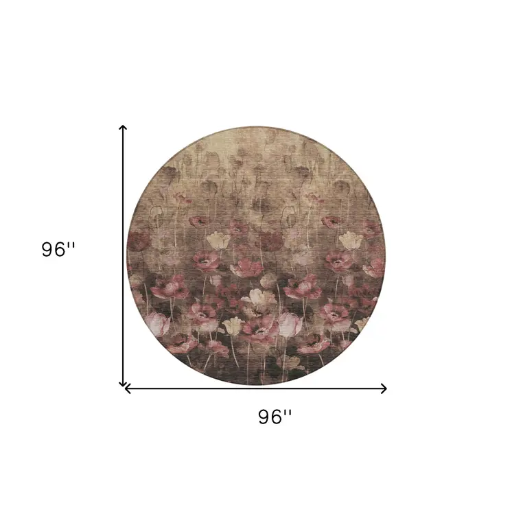 8' Taupe Brown And Pink Round Floral Washable Indoor Outdoor Area Rug