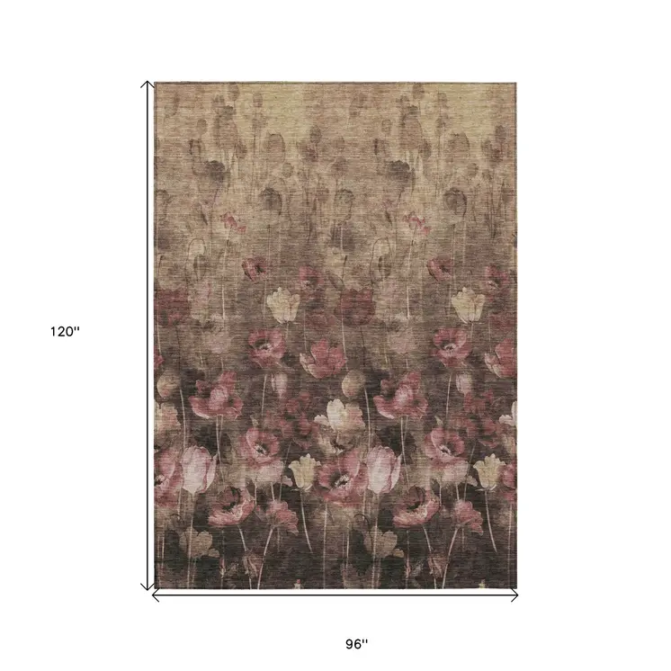 8' X 10' Taupe Brown And Pink Floral Washable Indoor Outdoor Area Rug