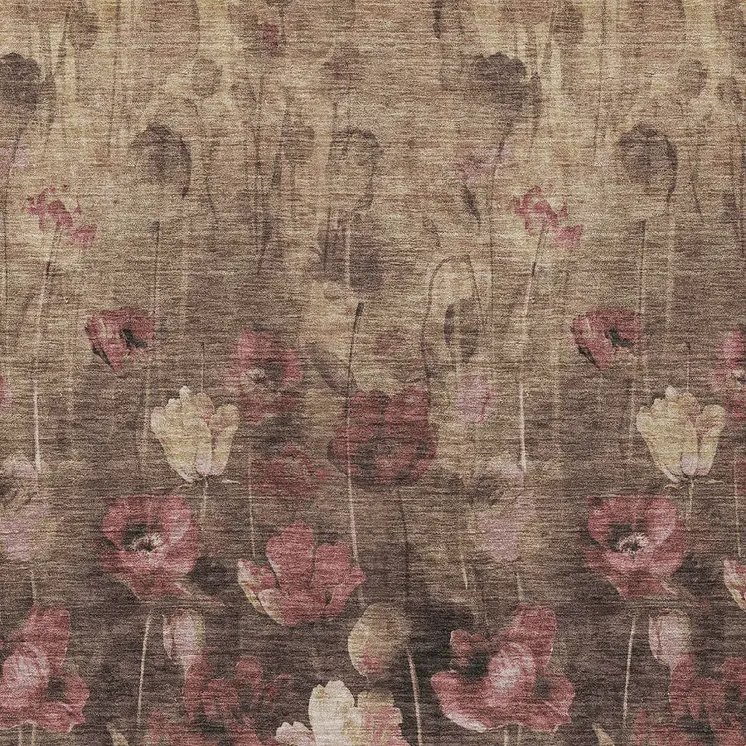 8' X 10' Taupe Brown And Pink Floral Washable Indoor Outdoor Area Rug