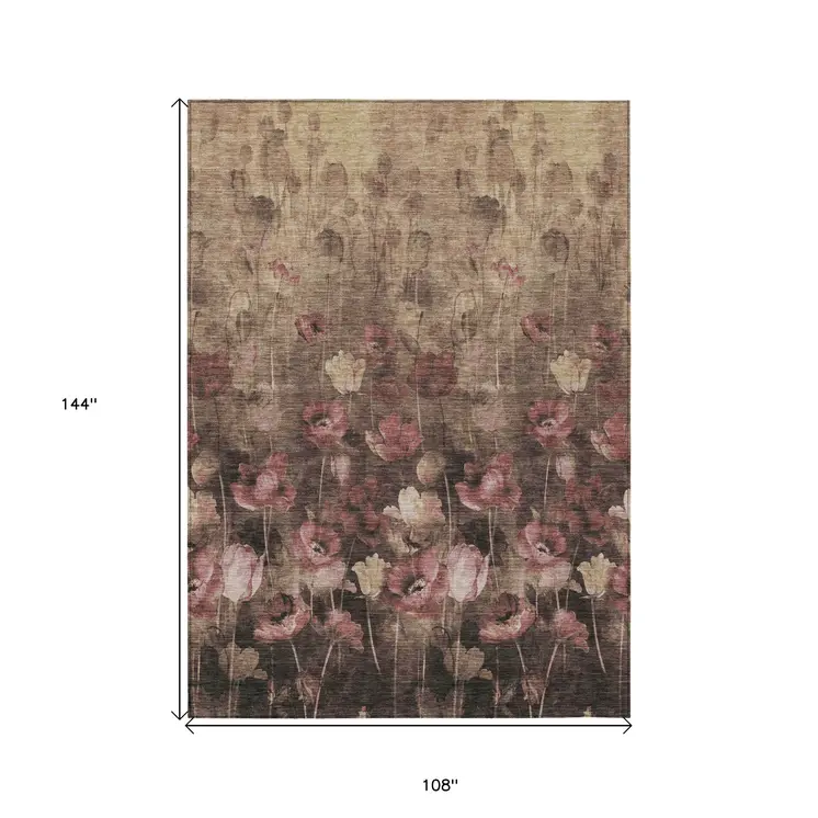 9' X 12' Taupe Brown And Pink Floral Washable Indoor Outdoor Area Rug