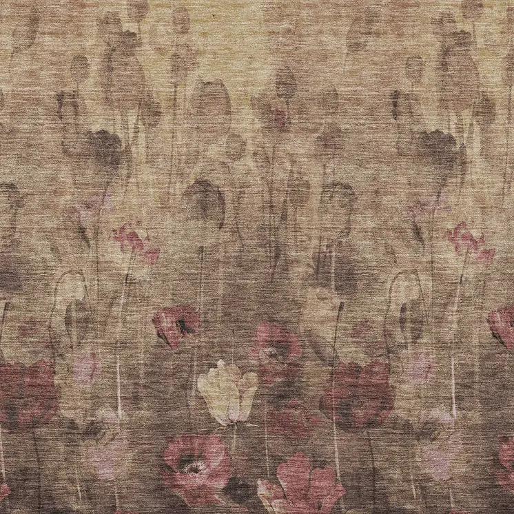 9' X 12' Taupe Brown And Pink Floral Washable Indoor Outdoor Area Rug