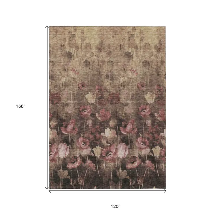 10' X 14' Taupe Brown And Pink Floral Washable Indoor Outdoor Area Rug