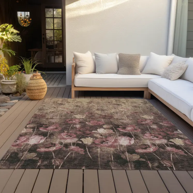 10' X 14' Taupe Brown And Pink Floral Washable Indoor Outdoor Area Rug