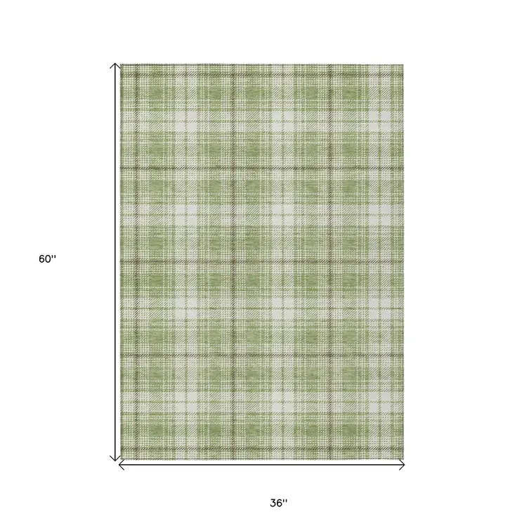 3' X 5' Artichoke Green Brown And Ivory Plaid Washable Indoor Outdoor Area Rug