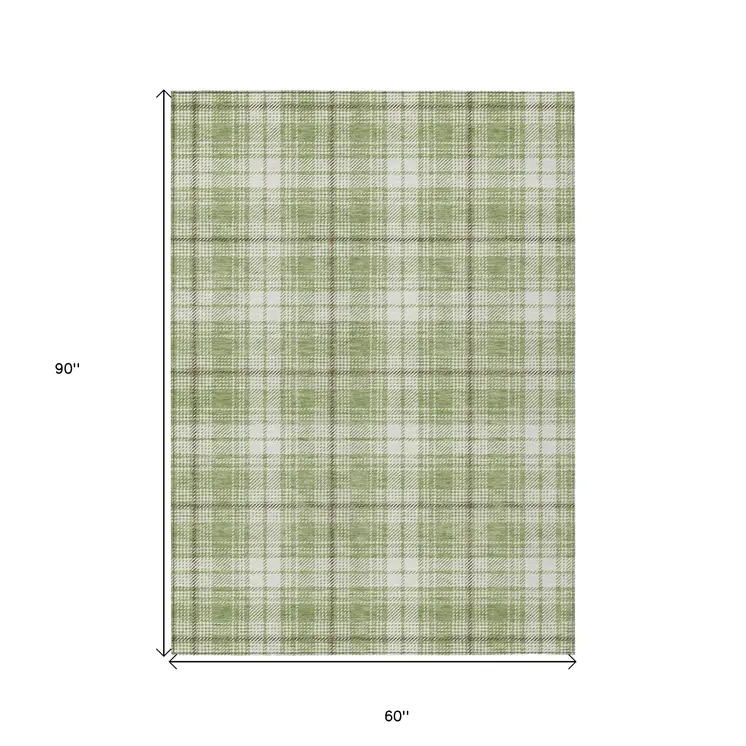 5' X 8' Artichoke Green Brown And Ivory Plaid Washable Indoor Outdoor Area Rug
