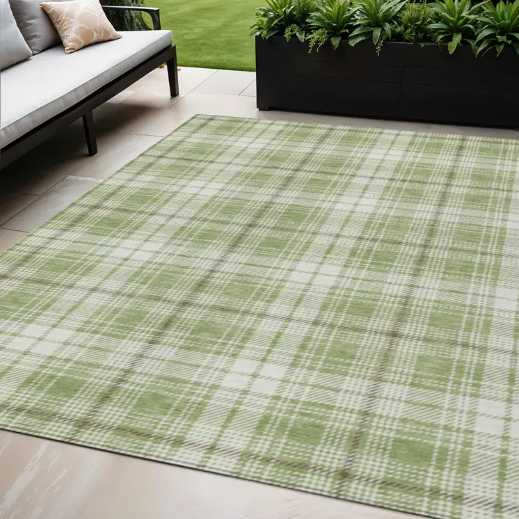 5' X 8' Artichoke Green Brown And Ivory Plaid Washable Indoor Outdoor Area Rug