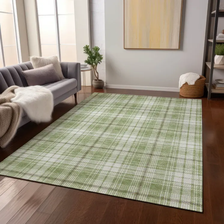 5' X 8' Artichoke Green Brown And Ivory Plaid Washable Indoor Outdoor Area Rug