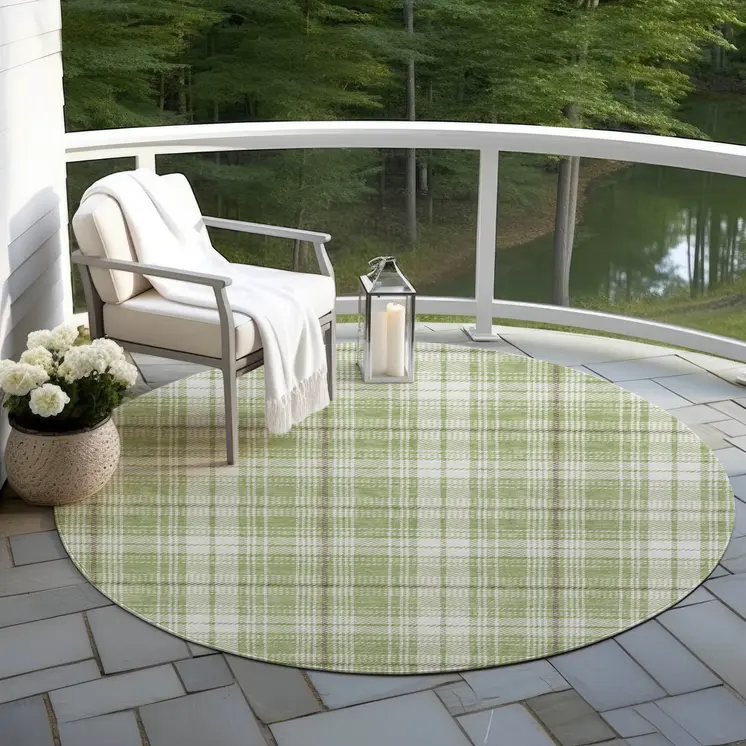 8' Artichoke Green Brown And Ivory Round Plaid Washable Indoor Outdoor Area Rug