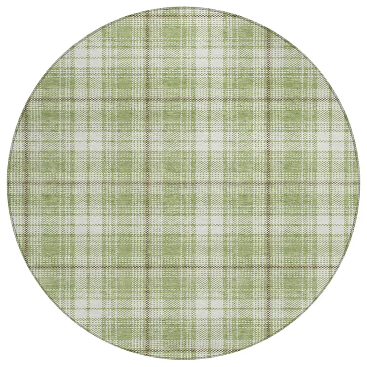 8' Artichoke Green Brown And Ivory Round Plaid Washable Indoor Outdoor Area Rug