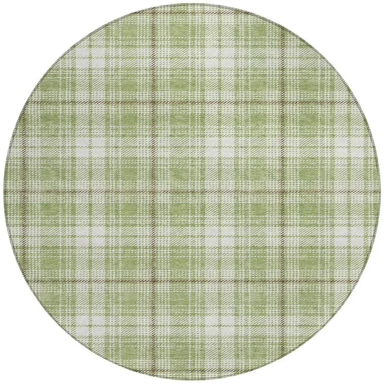 8' Artichoke Green Brown And Ivory Round Plaid Washable Indoor Outdoor Area Rug