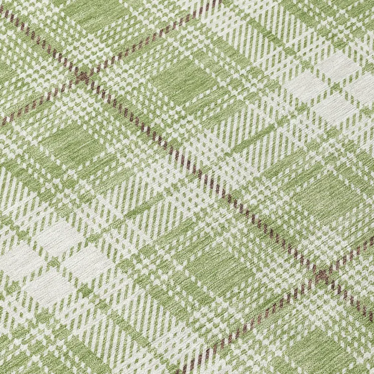 8' Artichoke Green Brown And Ivory Round Plaid Washable Indoor Outdoor Area Rug