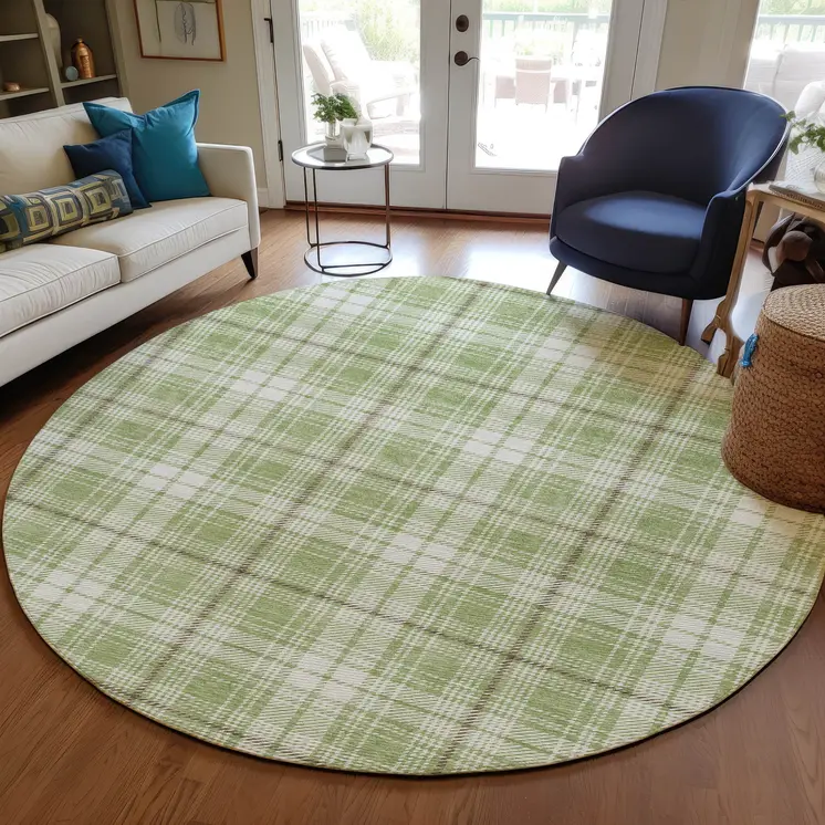 8' Artichoke Green Brown And Ivory Round Plaid Washable Indoor Outdoor Area Rug