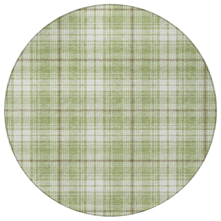 8' Artichoke Green Brown And Ivory Round Plaid Washable Indoor Outdoor Area Rug