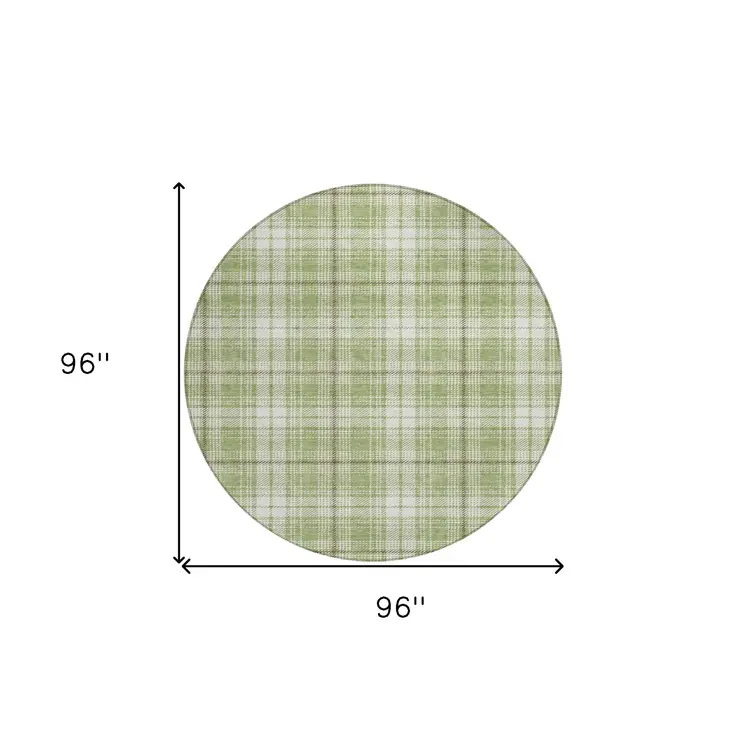 8' Artichoke Green Brown And Ivory Round Plaid Washable Indoor Outdoor Area Rug