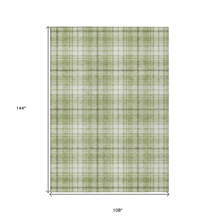 9' X 12' Artichoke Green Brown And Ivory Plaid Washable Indoor Outdoor Area Rug