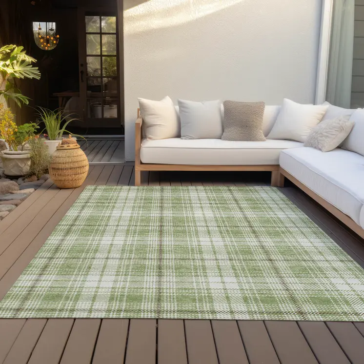 9' X 12' Artichoke Green Brown And Ivory Plaid Washable Indoor Outdoor Area Rug