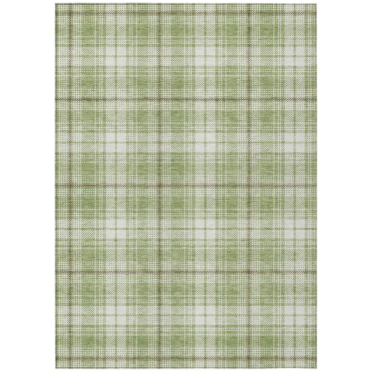 9' X 12' Artichoke Green Brown And Ivory Plaid Washable Indoor Outdoor Area Rug