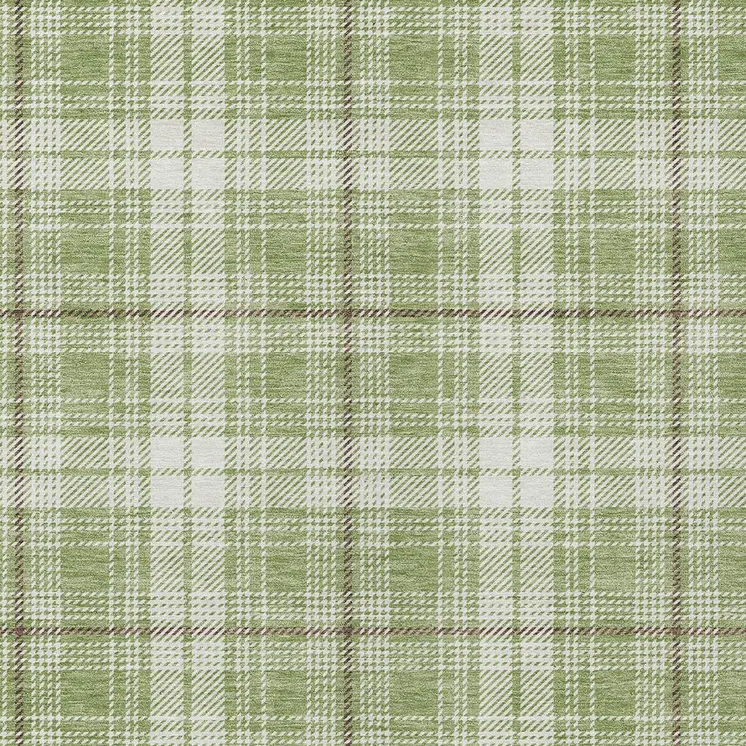 9' X 12' Artichoke Green Brown And Ivory Plaid Washable Indoor Outdoor Area Rug