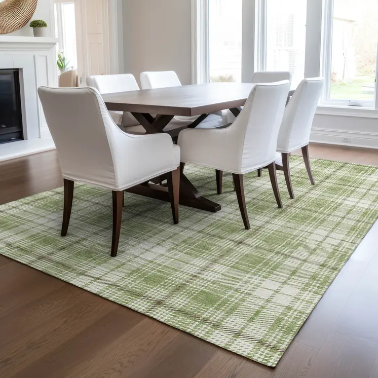 9' X 12' Artichoke Green Brown And Ivory Plaid Washable Indoor Outdoor Area Rug