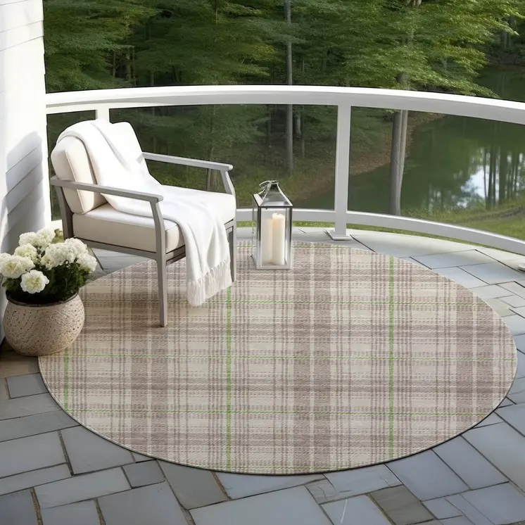 8' Beige Ivory And Green Round Plaid Washable Indoor Outdoor Area Rug