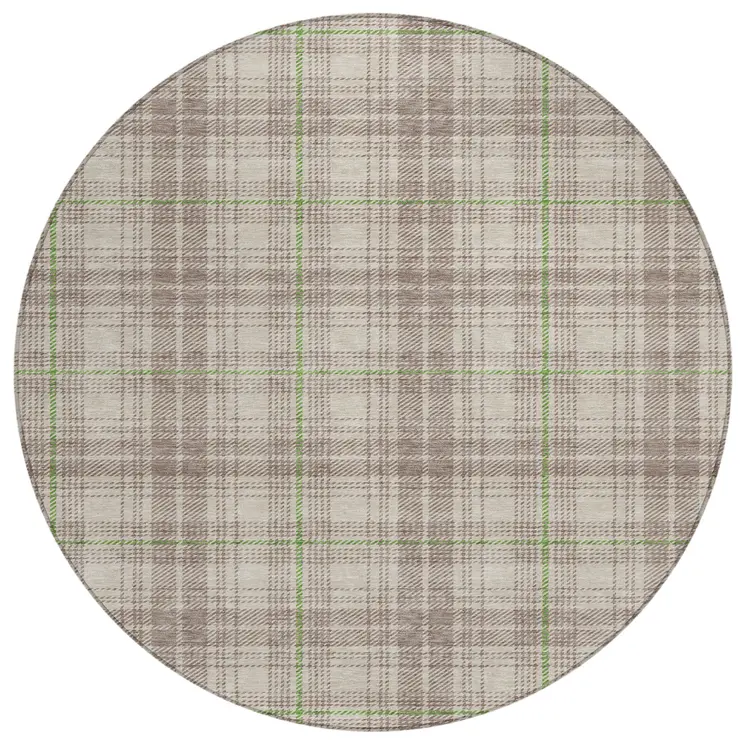 8' Beige Ivory And Green Round Plaid Washable Indoor Outdoor Area Rug