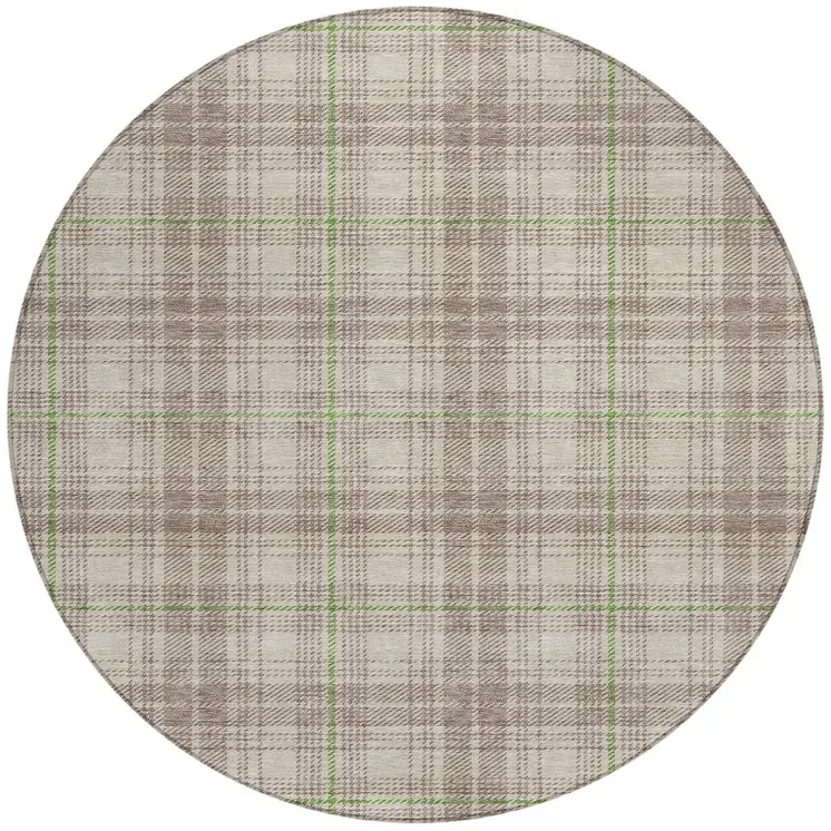 8' Beige Ivory And Green Round Plaid Washable Indoor Outdoor Area Rug