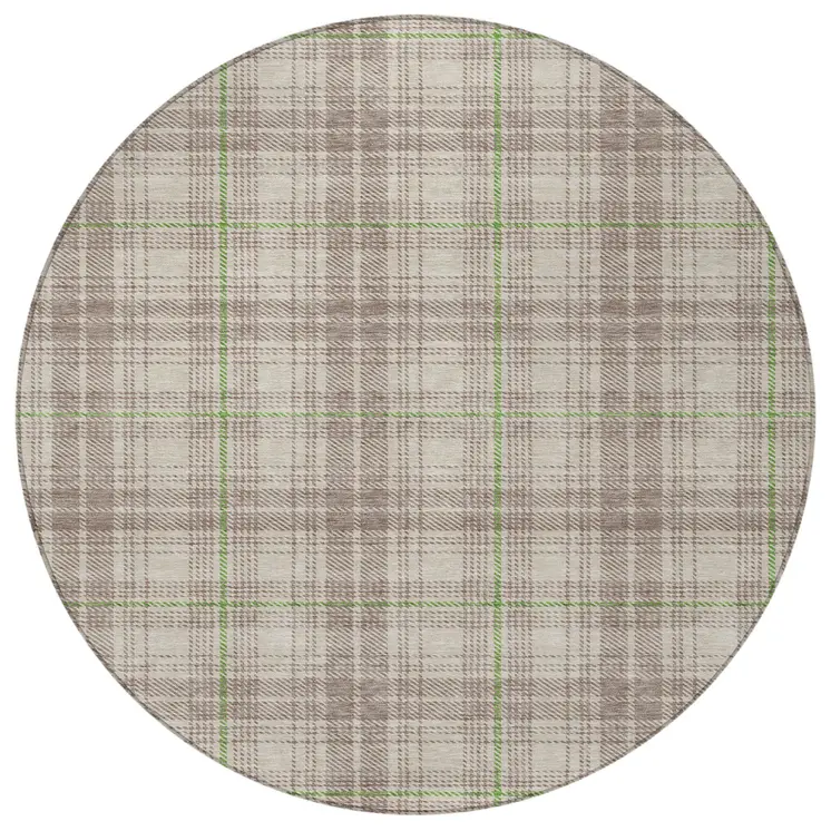 8' Beige Ivory And Green Round Plaid Washable Indoor Outdoor Area Rug