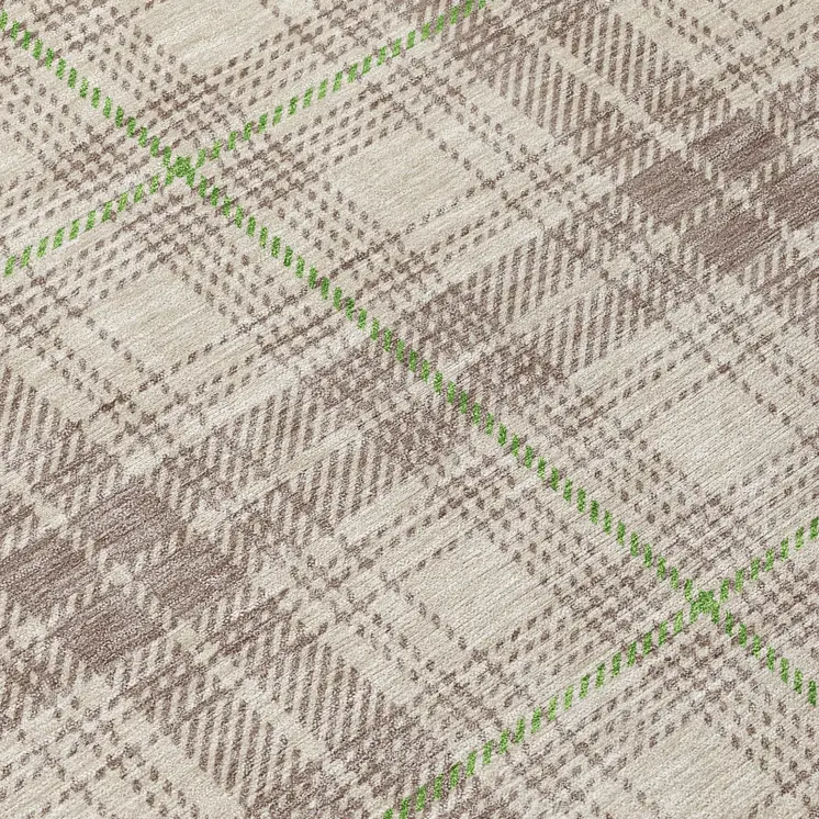 8' Beige Ivory And Green Round Plaid Washable Indoor Outdoor Area Rug