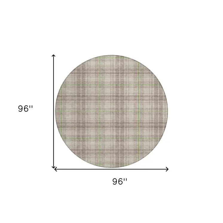 8' Beige Ivory And Green Round Plaid Washable Indoor Outdoor Area Rug