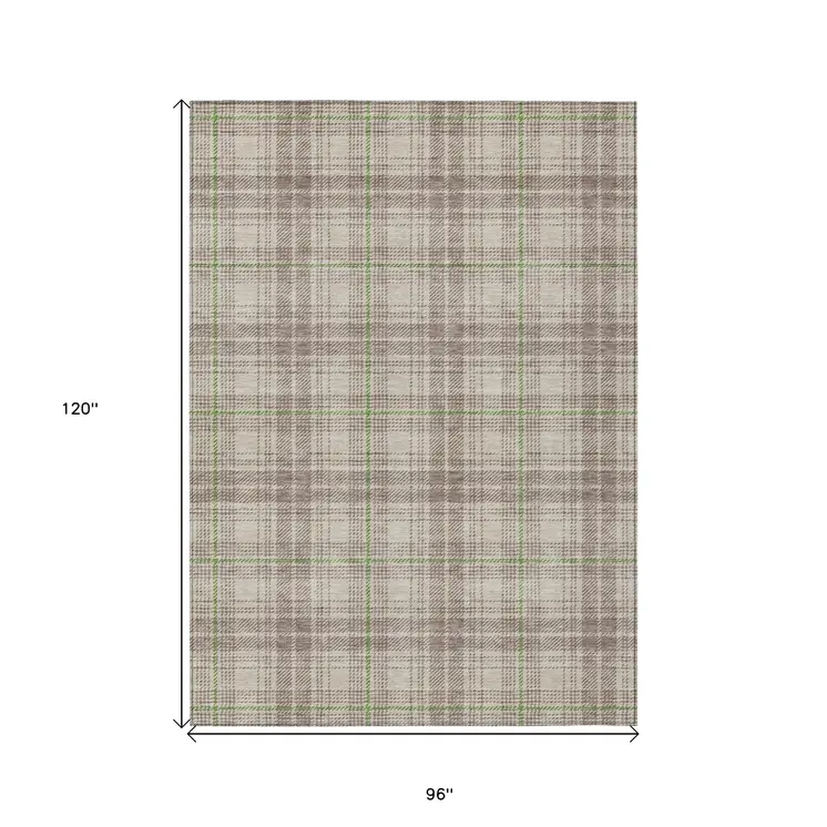 8' X 10' Beige Ivory And Green Plaid Washable Indoor Outdoor Area Rug