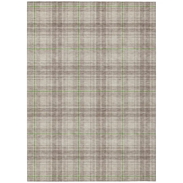 8' X 10' Beige Ivory And Green Plaid Washable Indoor Outdoor Area Rug