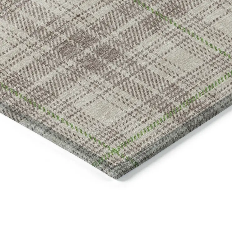 8' X 10' Beige Ivory And Green Plaid Washable Indoor Outdoor Area Rug
