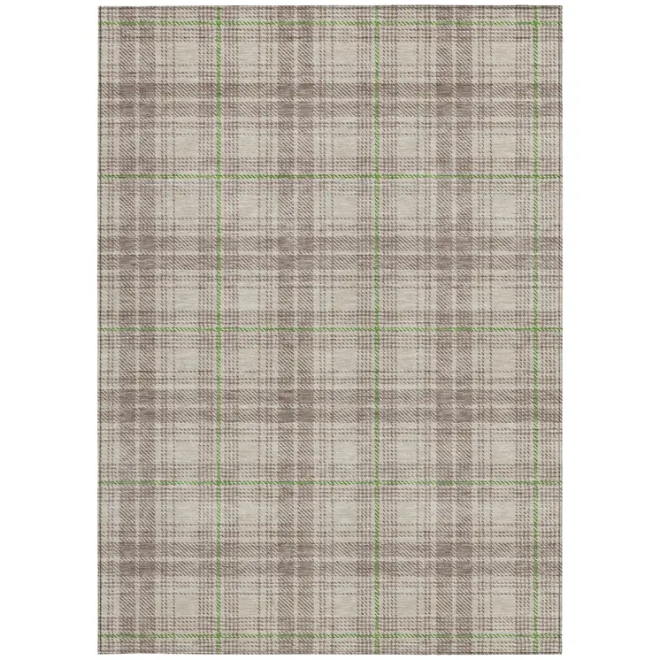 8' X 10' Beige Ivory And Green Plaid Washable Indoor Outdoor Area Rug