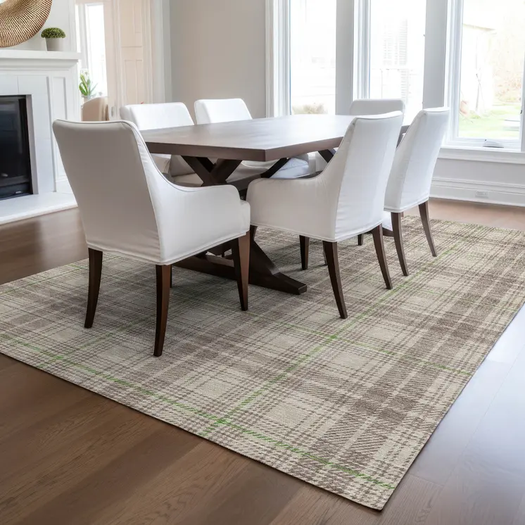 8' X 10' Beige Ivory And Green Plaid Washable Indoor Outdoor Area Rug