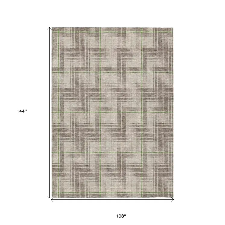 9' X 12' Beige Ivory And Green Plaid Washable Indoor Outdoor Area Rug