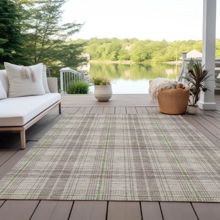 9' X 12' Beige Ivory And Green Plaid Washable Indoor Outdoor Area Rug