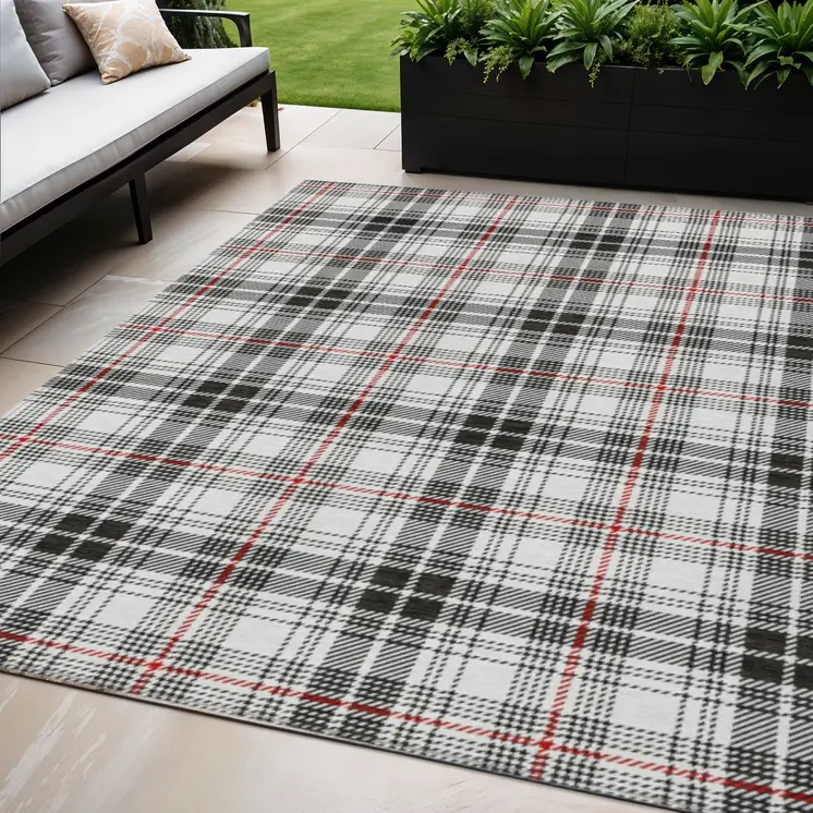 5' X 8' Black Ivory And Red Plaid Washable Indoor Outdoor Area Rug