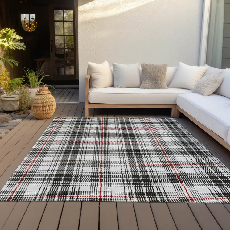 5' X 8' Black Ivory And Red Plaid Washable Indoor Outdoor Area Rug