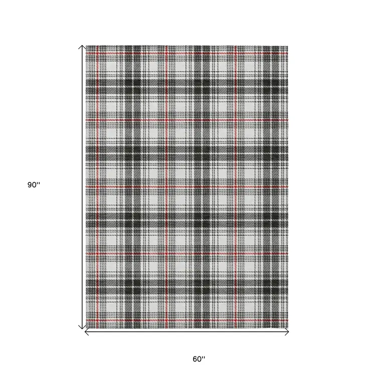 5' X 8' Black Ivory And Red Plaid Washable Indoor Outdoor Area Rug