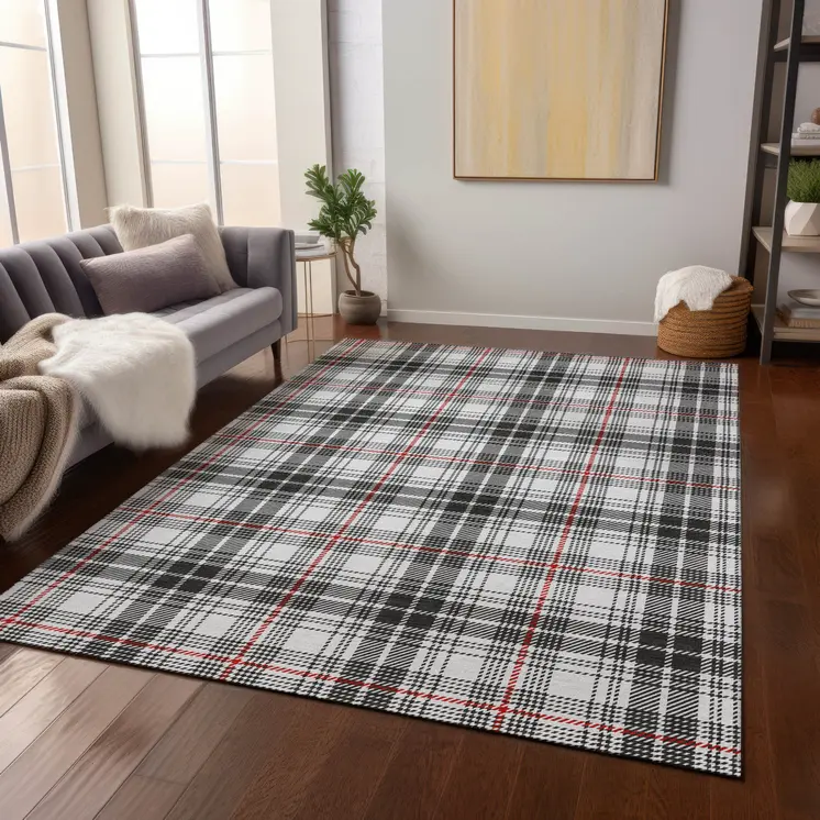 5' X 8' Black Ivory And Red Plaid Washable Indoor Outdoor Area Rug