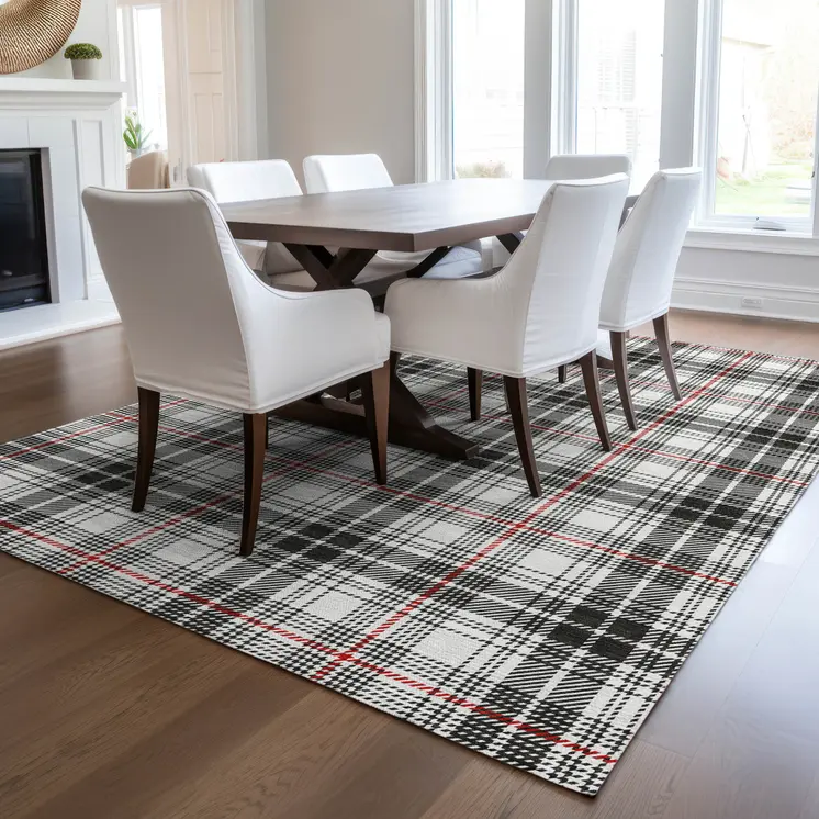 5' X 8' Black Ivory And Red Plaid Washable Indoor Outdoor Area Rug