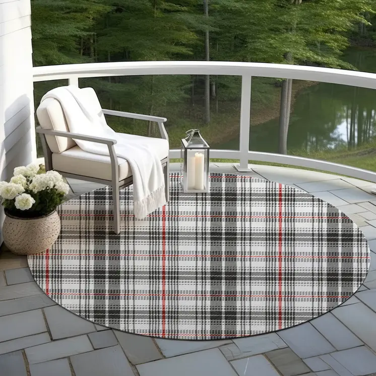 8' Black Ivory And Red Round Plaid Washable Indoor Outdoor Area Rug