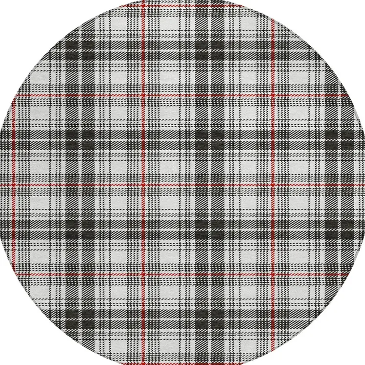 8' Black Ivory And Red Round Plaid Washable Indoor Outdoor Area Rug