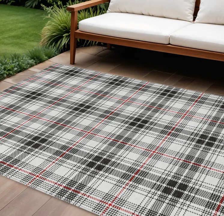 8' X 10' Black Ivory And Red Plaid Washable Indoor Outdoor Area Rug