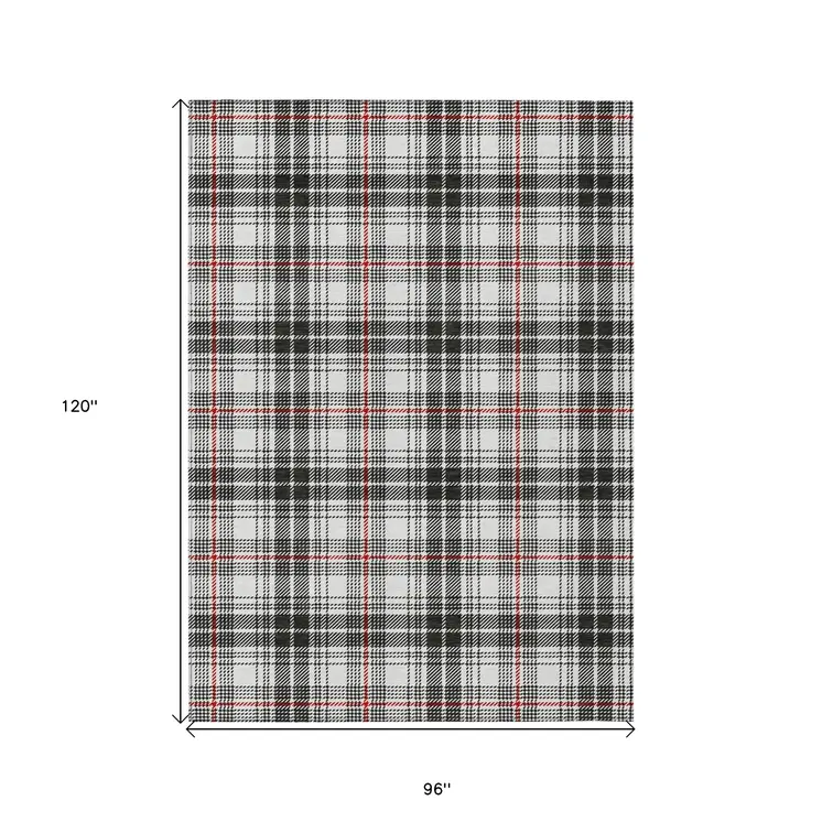 8' X 10' Black Ivory And Red Plaid Washable Indoor Outdoor Area Rug